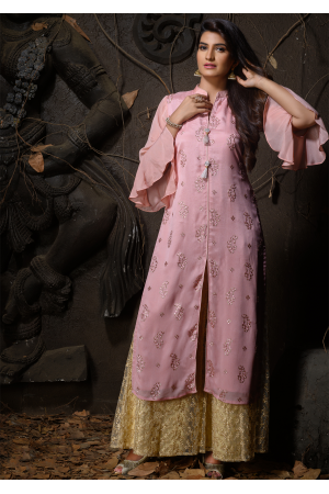 Pink Color Designer Chiffon Straight Cut Kurti